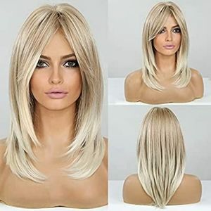 Long layered Blonde Wigs for Women Synthetic Hair Wig with Bangs